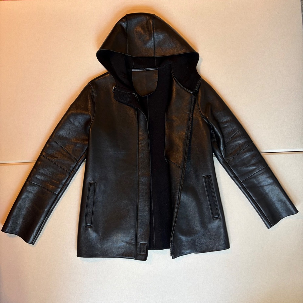 Unbranded Leather Hooded Jacket S Black Excellent Moto Asymmetrical Zip Lambskin